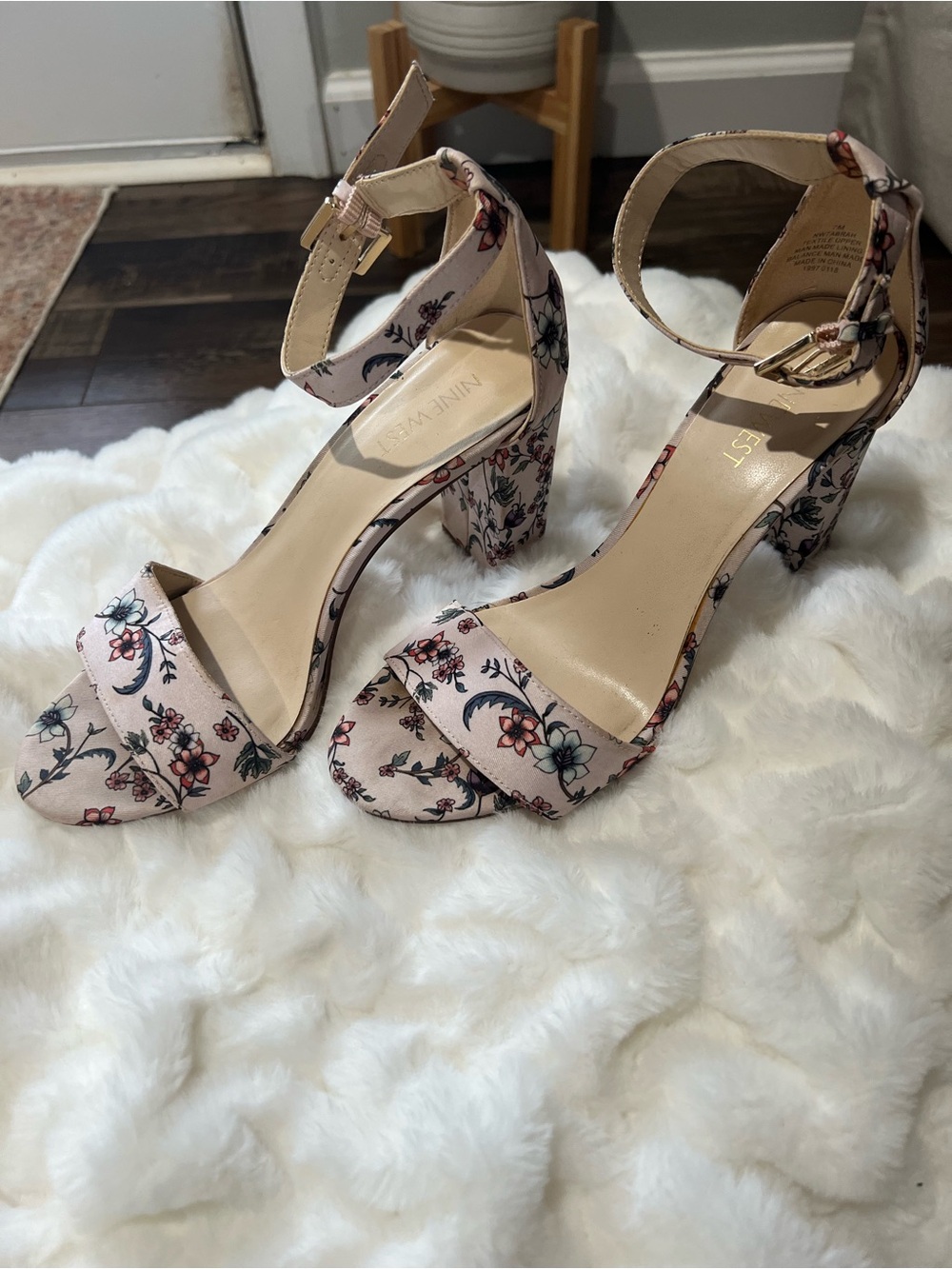 Nine West Pink Floral Ankle-Strap Block Heels
